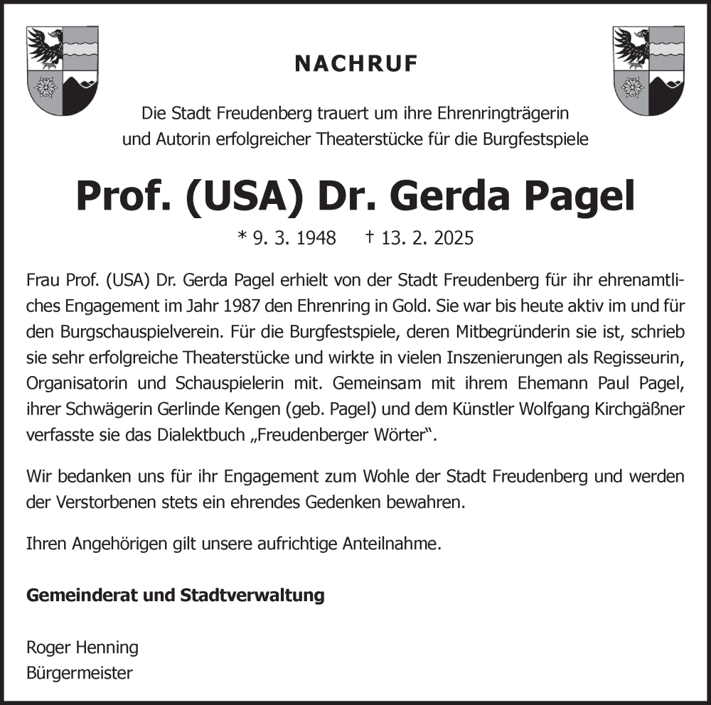  Traueranzeige für Gerda Pagel vom 22.02.2025 aus Fränkische Nachrichten