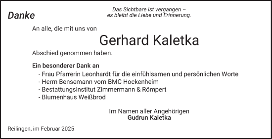 Traueranzeige von Gerhard Kaletka von Schwetzinger Zeitung