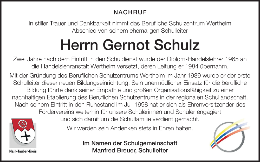  Traueranzeige für Gernot Schulz vom 01.03.2025 aus Fränkische Nachrichten