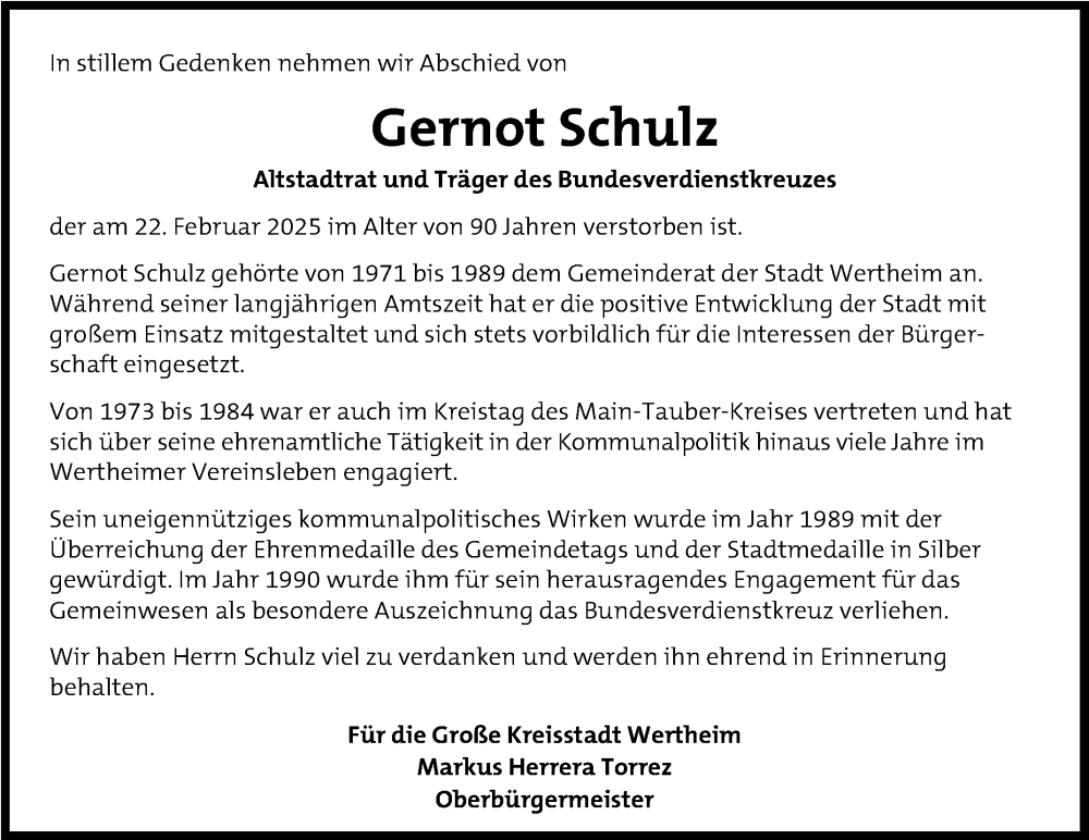  Traueranzeige für Gernot Schulz vom 01.03.2025 aus Fränkische Nachrichten