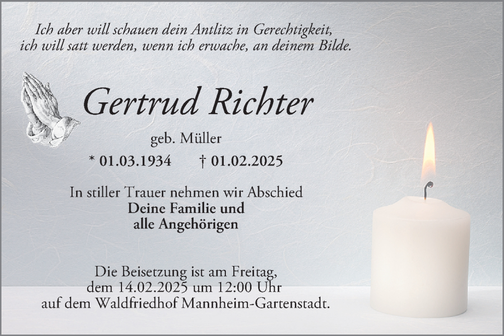  Traueranzeige für Gertrud Richter vom 08.02.2025 aus Mannheimer Morgen
