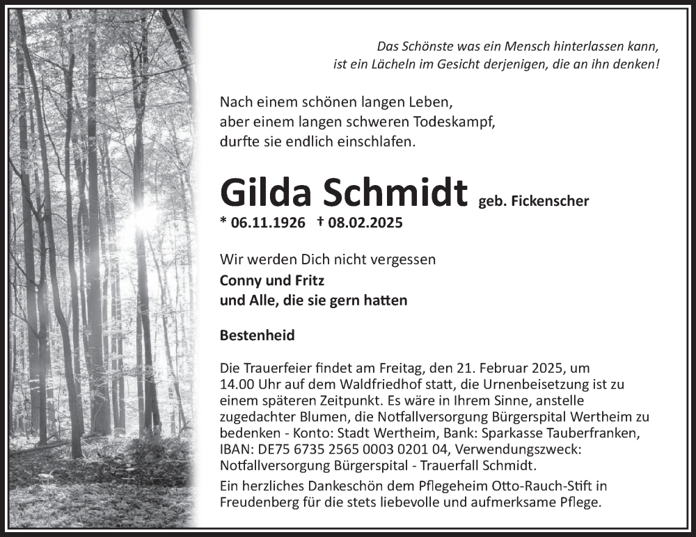  Traueranzeige für Gilda Schmidt vom 15.02.2025 aus Fränkische Nachrichten