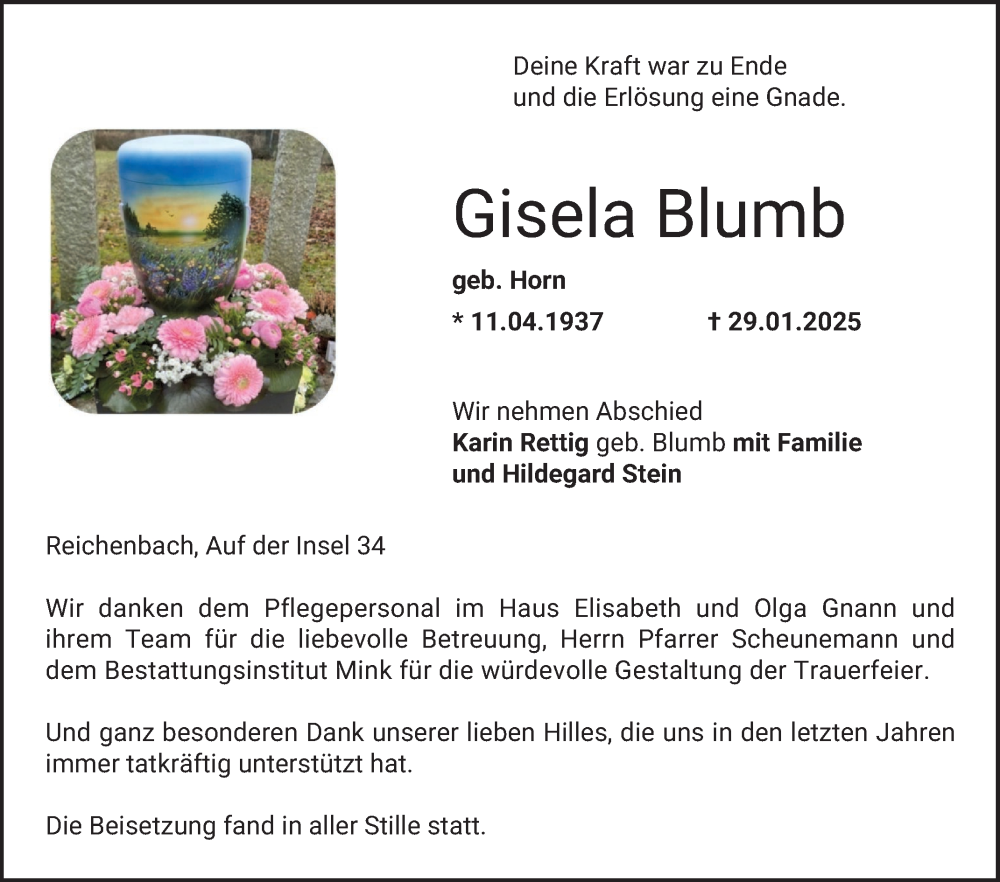  Traueranzeige für Gisela Blumb vom 22.02.2025 aus Bergsträßer Anzeiger