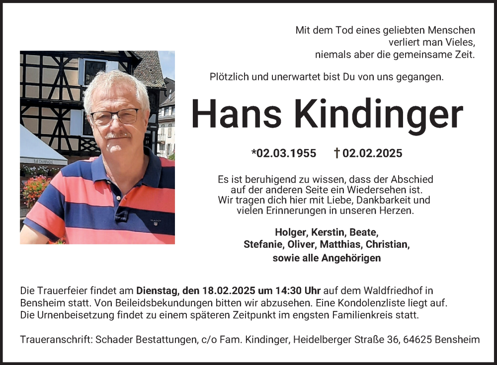  Traueranzeige für Hans Kindinger vom 08.02.2025 aus Bergsträßer Anzeiger