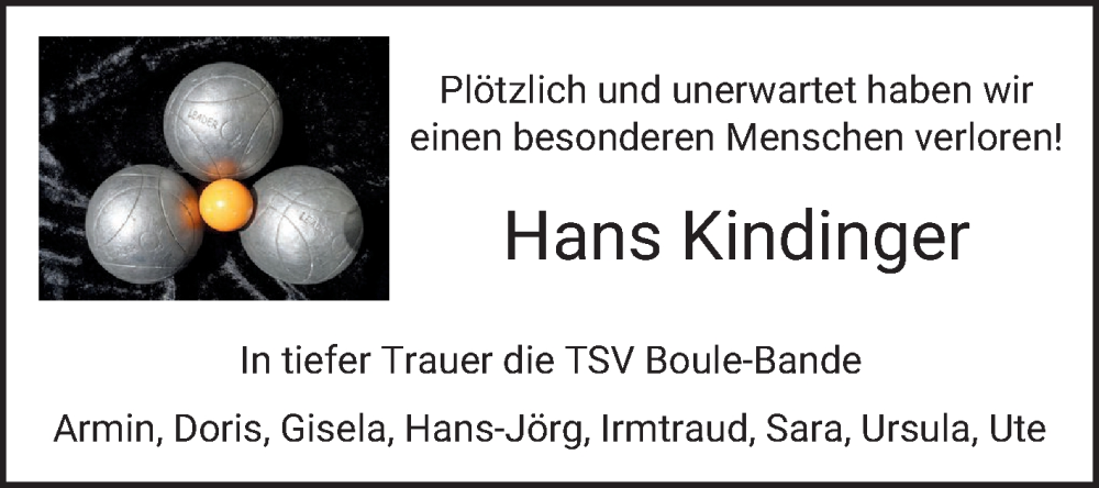  Traueranzeige für Hans Kindinger vom 08.02.2025 aus Bergsträßer Anzeiger