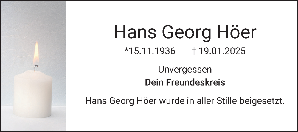  Traueranzeige für Hans Georg Höer vom 08.02.2025 aus Mannheimer Morgen