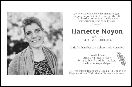Traueranzeige von Hariette Noyon von Bergsträßer Anzeiger