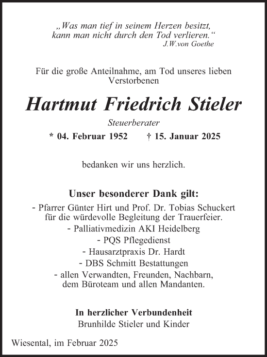 Traueranzeige von Hartmut Friedrich Stieler von Schwetzinger Zeitung