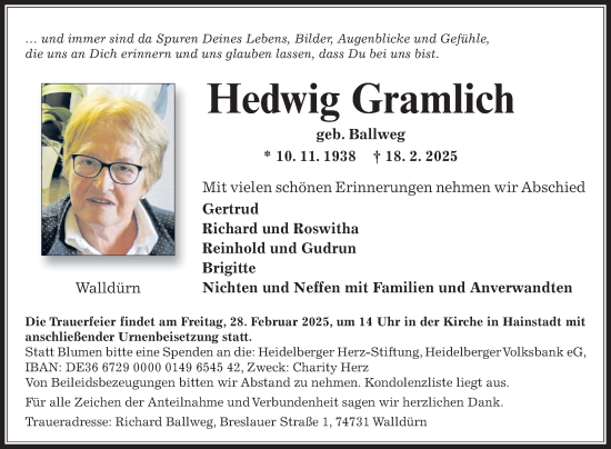 Traueranzeige von Hedwig Gramlich von Fränkische Nachrichten