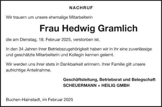 Traueranzeige von Hedwig Gramlich von Fränkische Nachrichten