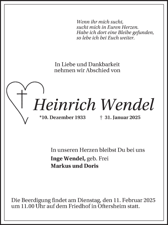 Traueranzeige von Heinrich Wendel von Schwetzinger Zeitung