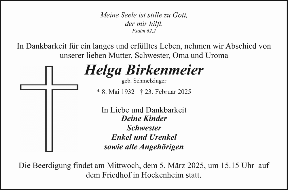  Traueranzeige für Helga Birkenmeier vom 01.03.2025 aus Schwetzinger Zeitung