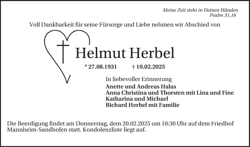  Traueranzeige für Helmut Herbel vom 15.02.2025 aus Mannheimer Morgen