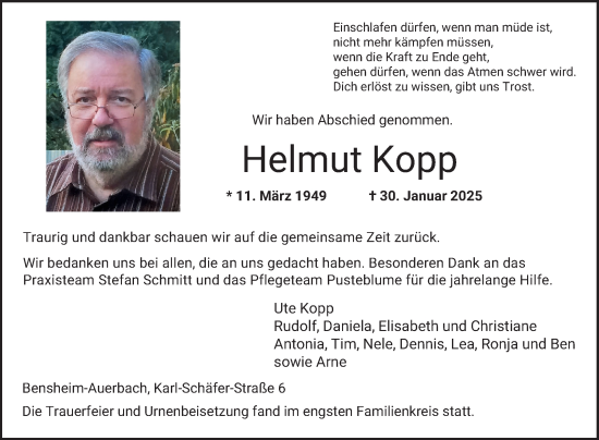Traueranzeige von Helmut Kopp von Bergsträßer Anzeiger