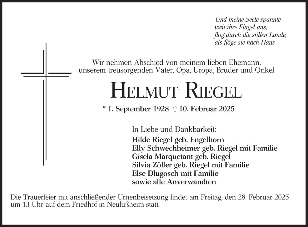 Traueranzeige für Helmut Riegel vom 22.02.2025 aus Schwetzinger Zeitung