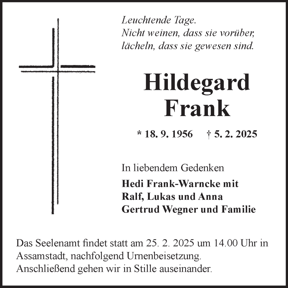  Traueranzeige für Hildegard Frank vom 18.02.2025 aus Fränkische Nachrichten