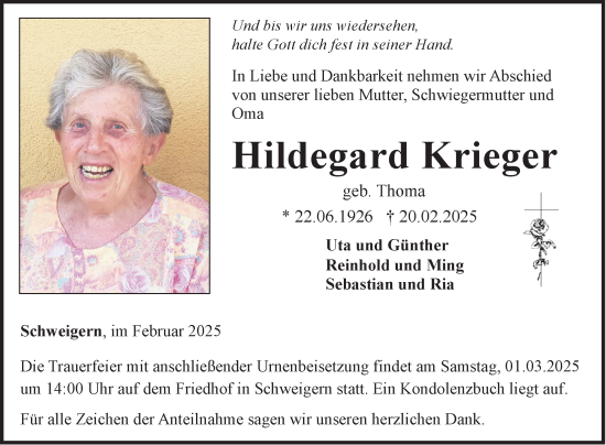 Traueranzeige von Hildegard Krieger von Fränkische Nachrichten