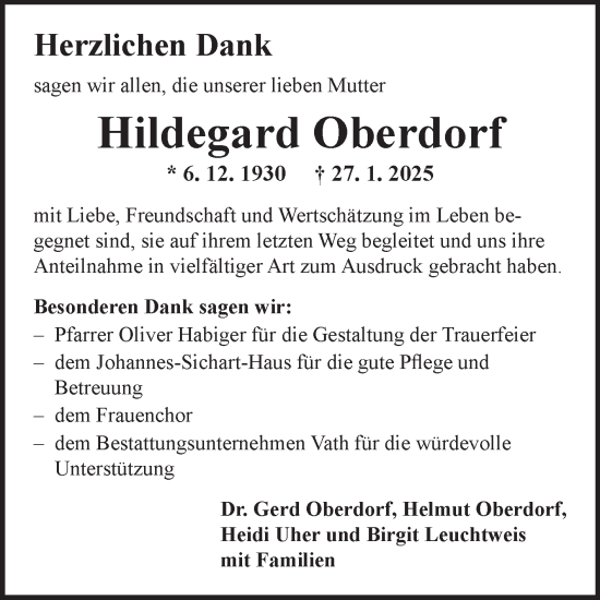 Traueranzeige von Hildegard Oberdorf von Fränkische Nachrichten