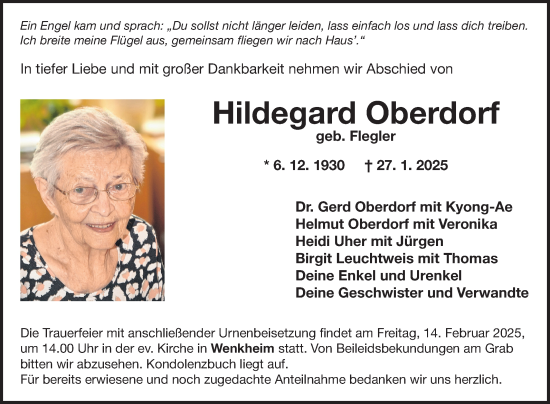 Traueranzeige von Hildegard Oberdorf von Fränkische Nachrichten