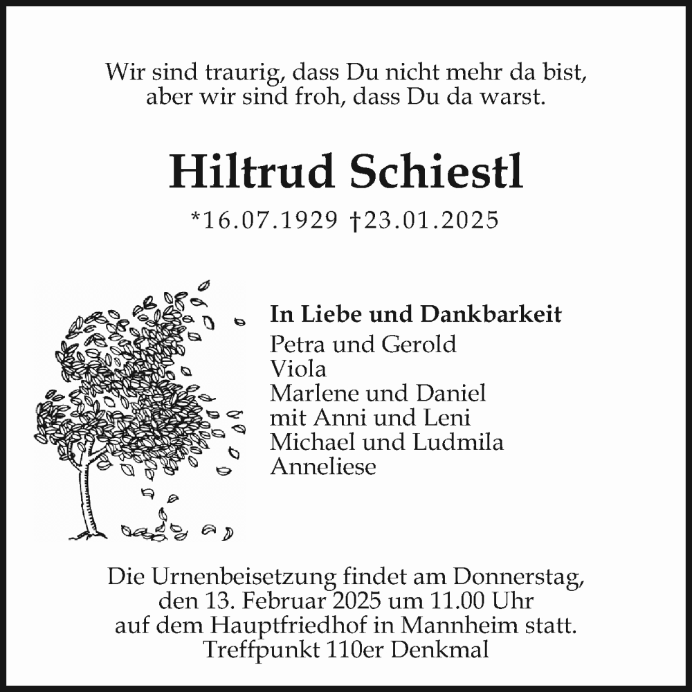  Traueranzeige für Hiltrud Schiestl vom 08.02.2025 aus Mannheimer Morgen