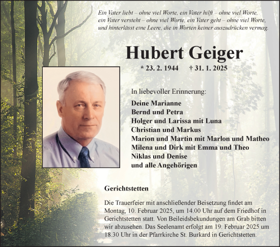 Traueranzeige von Hubert Geiger von Fränkische Nachrichten