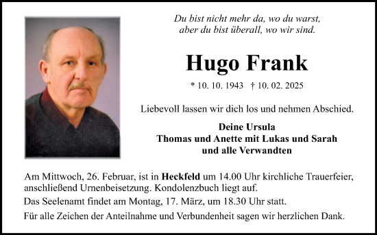 Traueranzeige von Hugo Frank von Fränkische Nachrichten