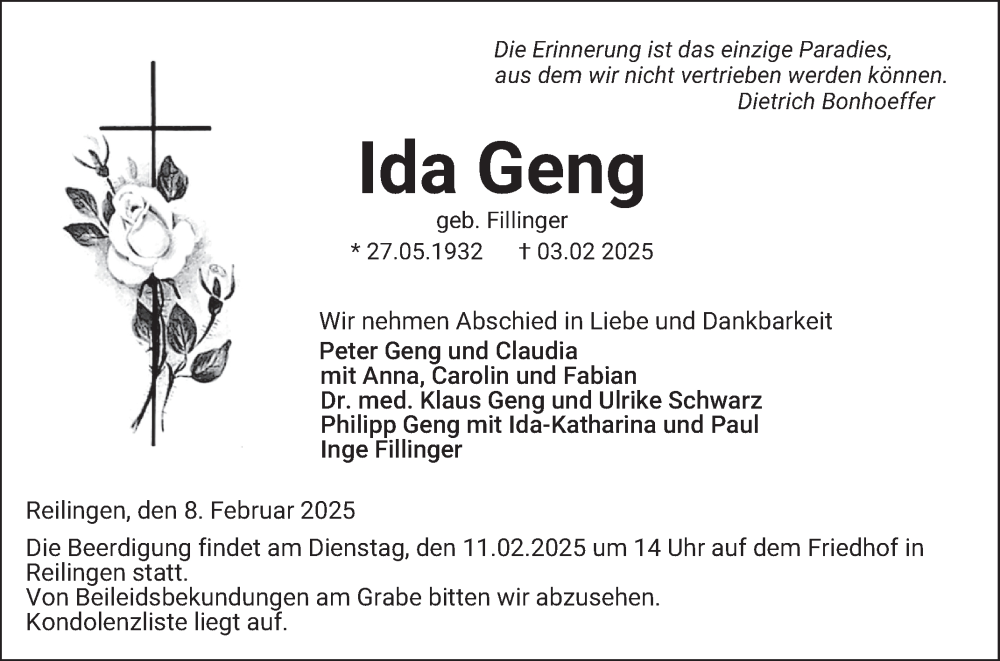  Traueranzeige für Ida Geng vom 08.02.2025 aus Schwetzinger Zeitung