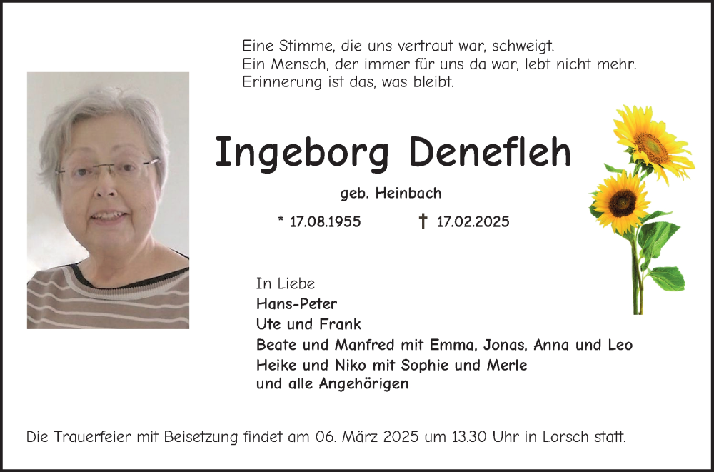  Traueranzeige für Ingeborg Denefleh vom 01.03.2025 aus Bergsträßer Anzeiger