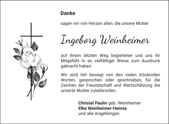 Traueranzeige von Ingeborg Weinheimer von Bergsträßer Anzeiger