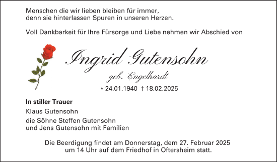 Traueranzeige von Ingrid Gutensohn von Schwetzinger Zeitung