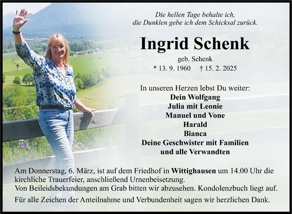  Traueranzeige für Ingrid Schenk vom 01.03.2025 aus Fränkische Nachrichten