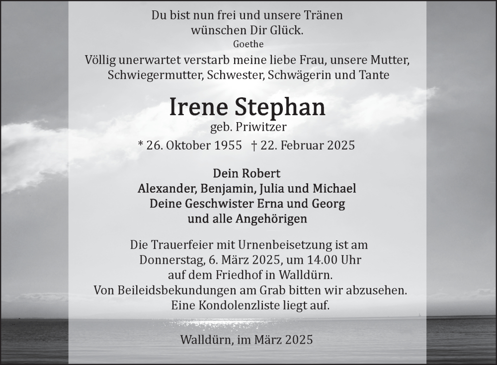  Traueranzeige für Irene Stephan vom 01.03.2025 aus Fränkische Nachrichten