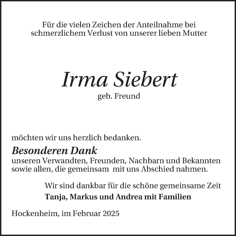  Traueranzeige für Irma Siebert vom 15.02.2025 aus Schwetzinger Zeitung