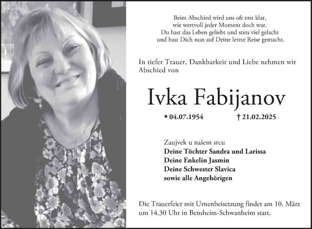  Traueranzeige für Ivka Fabijanov vom 01.03.2025 aus Bergsträßer Anzeiger