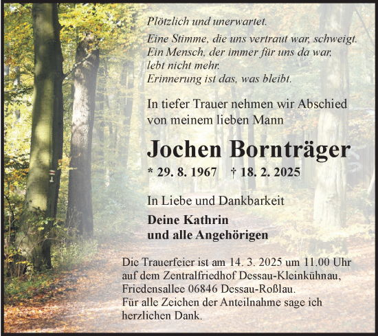 Traueranzeige von Jochen Bornträger von Fränkische Nachrichten