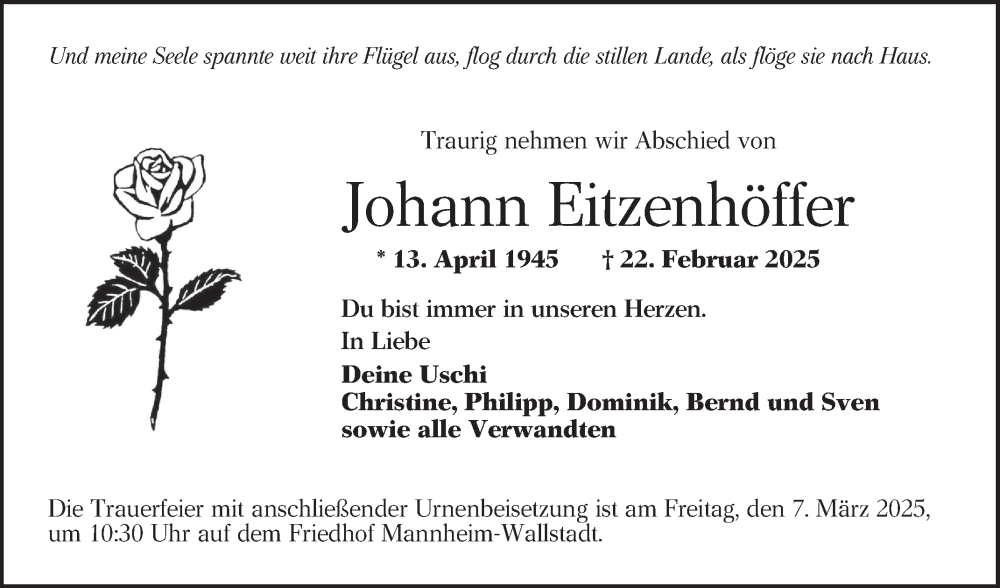  Traueranzeige für Johann Eitzenhöffer vom 01.03.2025 aus Mannheimer Morgen