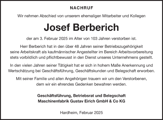 Traueranzeige von Josef Berberich von Fränkische Nachrichten