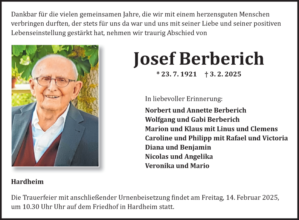  Traueranzeige für Josef Berberich vom 10.02.2025 aus Fränkische Nachrichten