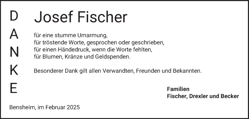  Traueranzeige für Josef Fischer vom 15.02.2025 aus Bergsträßer Anzeiger