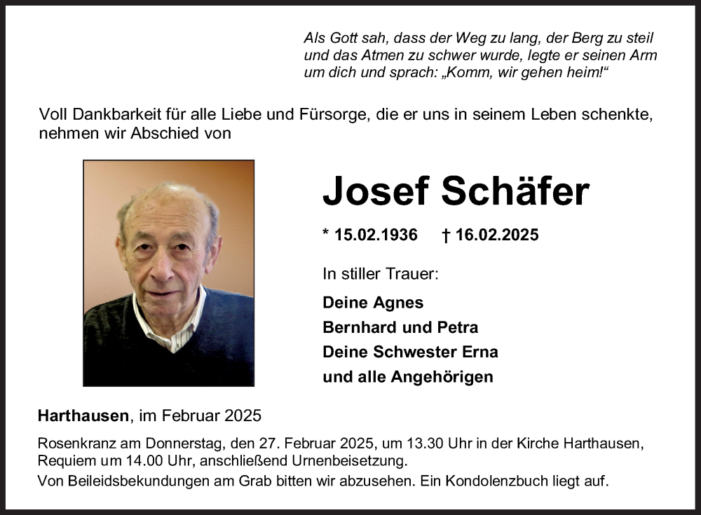  Traueranzeige für Josef Schäfer vom 25.02.2025 aus Fränkische Nachrichten