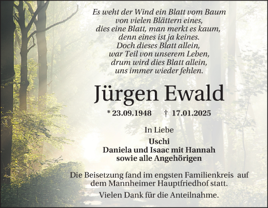 Traueranzeige von Jürgen Ewald von Mannheimer Morgen