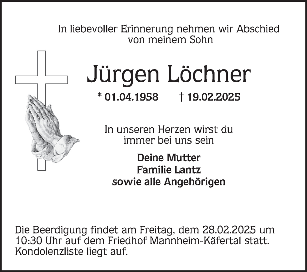  Traueranzeige für Jürgen Löchner vom 25.02.2025 aus Mannheimer Morgen