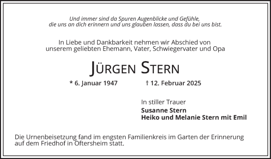Traueranzeige von Jürgen Stern von Schwetzinger Zeitung
