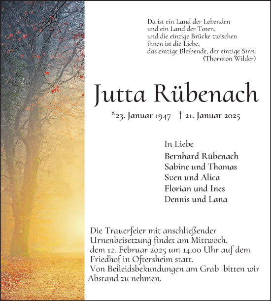Traueranzeige von Jutta Rübenach von Schwetzinger Zeitung