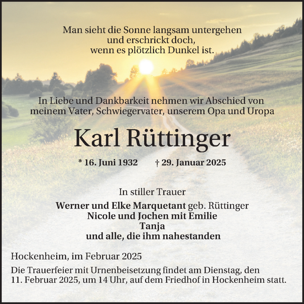  Traueranzeige für Karl Rüttinger vom 08.02.2025 aus Schwetzinger Zeitung