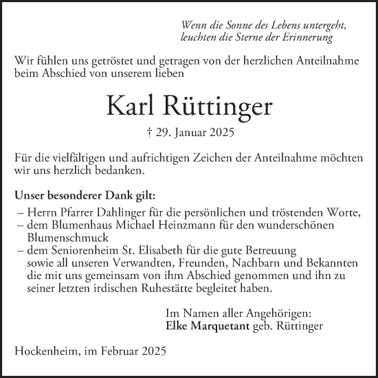 Traueranzeige von Karl Rüttinger von Schwetzinger Zeitung