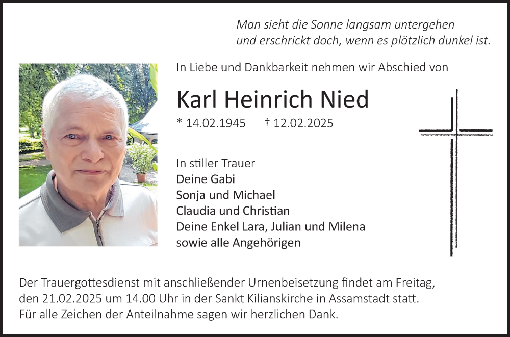  Traueranzeige für Karl Heinrich Nied vom 19.02.2025 aus Fränkische Nachrichten