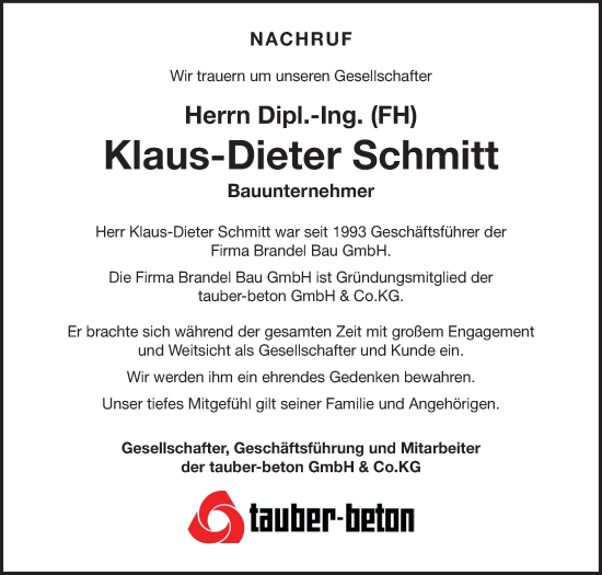 Traueranzeige von Klaus-Dieter Schmitt von Fränkische Nachrichten