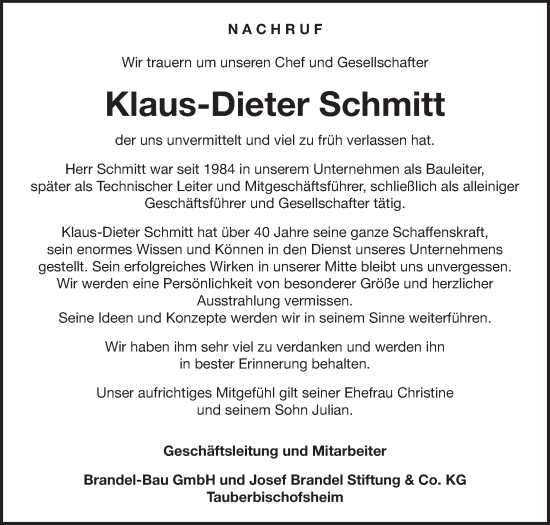 Traueranzeige von Klaus-Dieter Schmitt von Fränkische Nachrichten