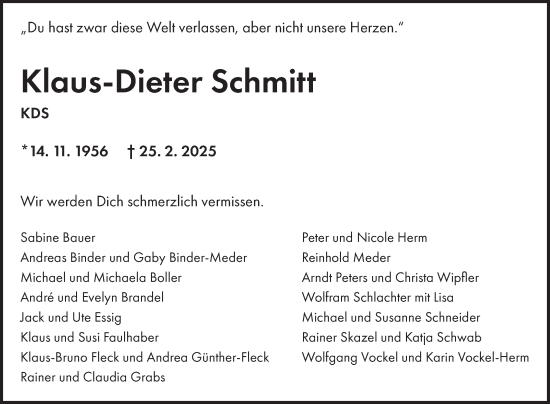 Traueranzeige von Klaus-Dieter Schmitt von Fränkische Nachrichten